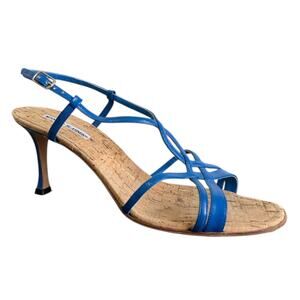 Manolo Blahnik Blue Strappy Sandal Heels 40.5 Cork Footbed Minimalist Y2K Resort